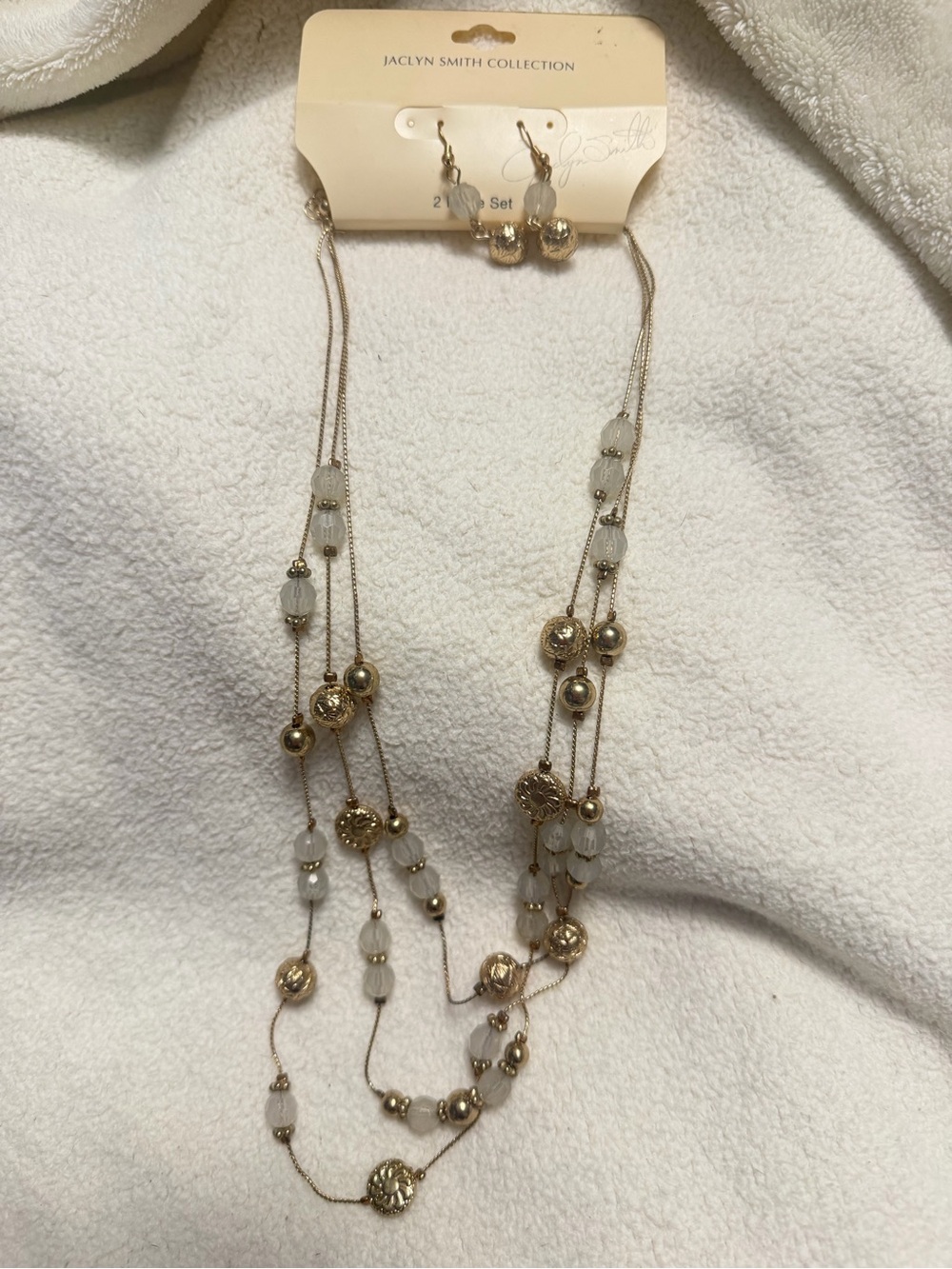 Jaclyn Smith Gold and White Multi-Strand Beaded Necklace with Earrings